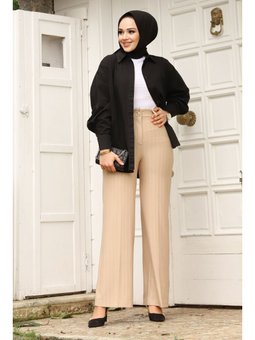 Bol Paça Çizgili Bej Pantolon