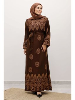 Çini Desenli Viskon Kahverengi Elbise