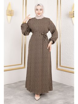 Çıtır Desenli Viskon Kahverengi Elbise