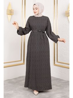 Çıtır Desenli Viskon Siyah Elbise
