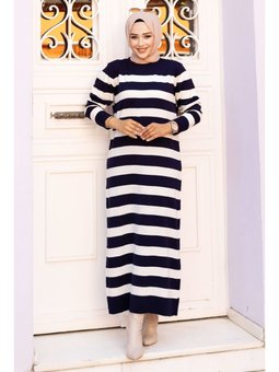 Çizgili Triko Lacivert Elbise