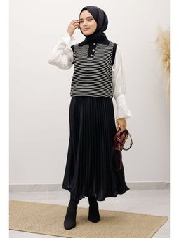 Çizgili Triko Süveter Siyah