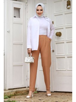 Double Paça Çizgili Havuç Taba Pantolon