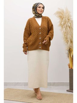 Düğmeli Cepli Triko Taba Hırka