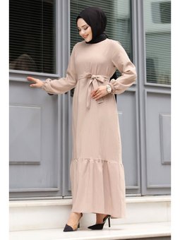 Eteği Volanlı Beli Bağlamalı Elbise