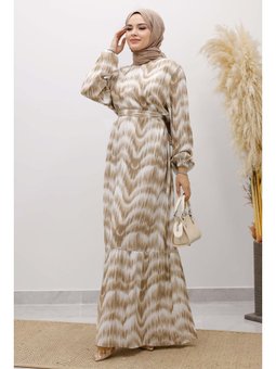 Eteği Volanlı Sulu Boya Desenli Viskon Vizon Elbise