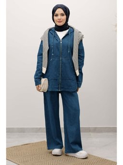 Fermuarlı Kapüşonlu Açık Mavi Kot Takım