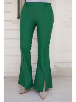 İspanyol Paça Önü Yırtmaçlı Deri Yeşil Pantolon