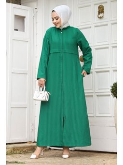Pat Detaylı Boydan Fermuarlı Yeşil Ferace