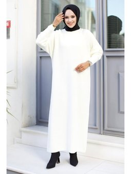 Reglan Kol Triko Beyaz Elbise