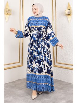 Sera Desenli Viskon İndigo Elbise