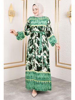 Sera Desenli Viskon Yeşil Elbise
