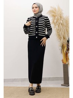 Şeritli Triko Siyah Hırka