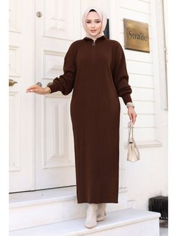 Yarım Fermuarlı Triko Kahverengi Elbise