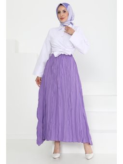 Beli Lastikli Kırışık Lıla Etek Lila
