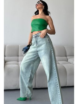 Bıyık Baggy Yıkama Kot Pantolon Yeşil Tint Yikama