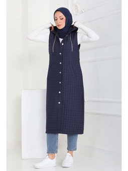 Cepli Zincir Detaylı Kapitone Lacıvert Yelek Lacivert