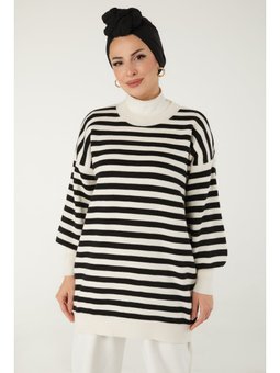 Çizgili Triko Kazak Ekru