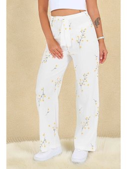 Desenli Beli Lastikli Bürümcük Pantolon Beyaz