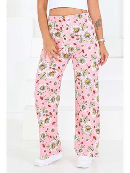 Desenli Beli Lastikli Bürümcük Pantolon Pembe
