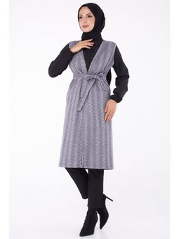 Desenli Kuşaklı Grı Yelek Gri