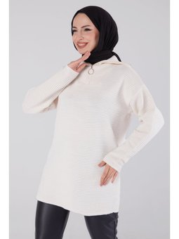 Fitili Fermuarlı Triko Kazak Bej