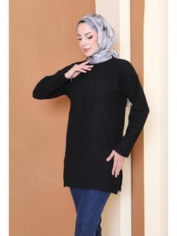 İnterlok Yırtmaçlı Sıyah Tunik Siyah