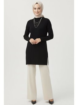 İnterlok Yırtmaçlı Sıyah Tunik Siyah