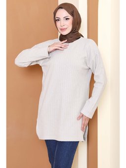 İnterlok Yırtmaçlı Tunik Bej