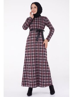 Kazayağı Desenli Kuşaklı Elbise Bordo