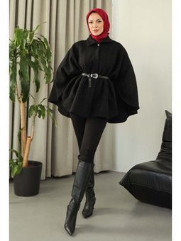 Kemerli Buklet Sıyah Panço Siyah