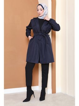Kuşaklı Kolu Lastikli Miranda Lacıvert Trençkot Lacivert