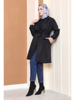 Kuşaklı Kolu Lastikli Miranda Sıyah Trençkot Siyah