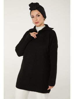 Sıyah Fitili Fermuarlı Triko Kazak Siyah