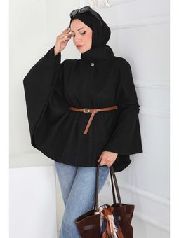 Tek Düğmeli Kemerli Kaşe Sıyah Panço Siyah