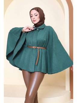 Tek Düğmeli Kemerli Kaşe Zumrut Panço Zümrüt