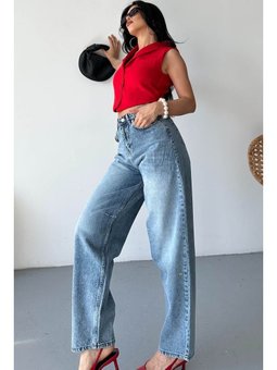 Tokalı Baggy Mavı Kot Pantolon Mavi