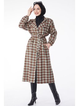 Vızon Kruvaze Yaka Kuşaklı Kaşe Kaban Vizon