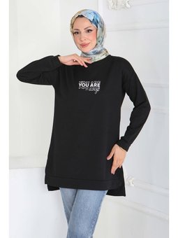 Yanları Yırtmaçlı Baskı Detaylı Modal Sıyah Tunik Siyah
