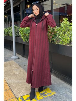 Zikzak Desenli Fermuarlı Jakar Kap Bordo