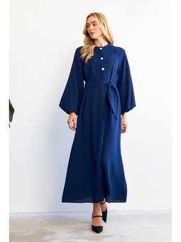 Balon Kol Düğmeli Abaya İndigo Elbise