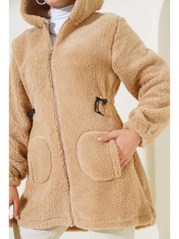 Bel Tünelli Lastikli Peluş Camel Hırka