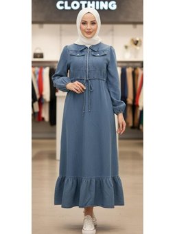 Belden Büzgülü Kot Mavi Elbise