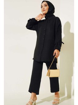 Düğmeli Keten İkili Siyah Takım
