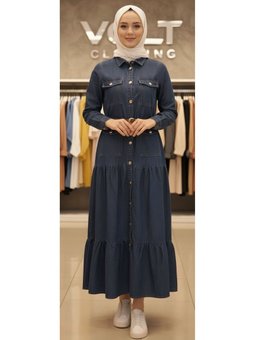 Gold Düğme Detaylı Kot Lacivert Elbise