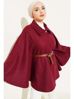 Gömlek Yaka Kemerli Kaşe Bordo Panço