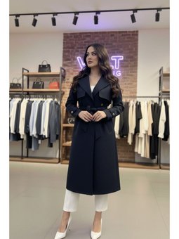 Kruvaze Kuşaklı Lacivert Trençkot