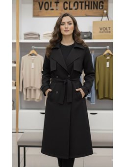 Kruvaze Kuşaklı Siyah Trençkot