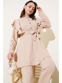 Omuz Fırfırlı Düğme Detaylı İkili Bej Takım