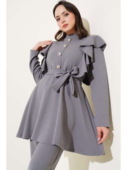 Omuz Fırfırlı Düğme Detaylı İkili Gri Takım